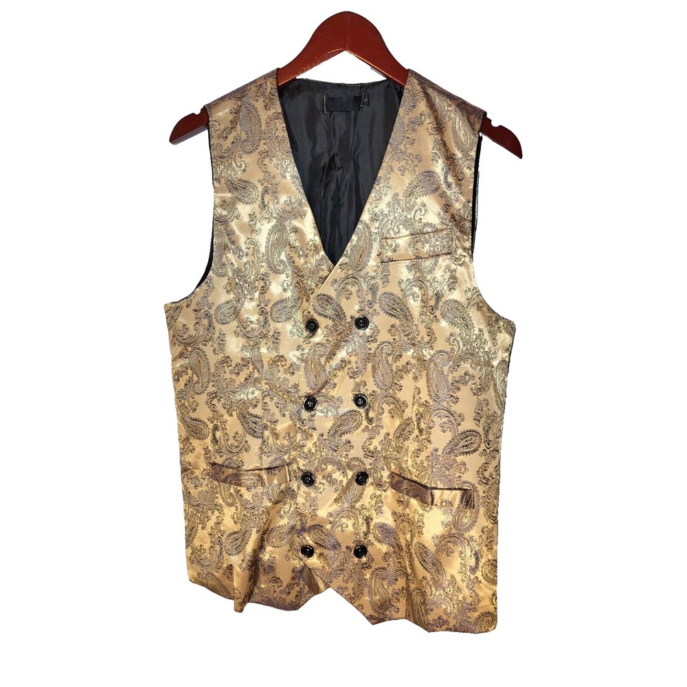 Double Breasted Paisley Tan Vest iridescent Blue Faux Pockets‎ Back Strap Large